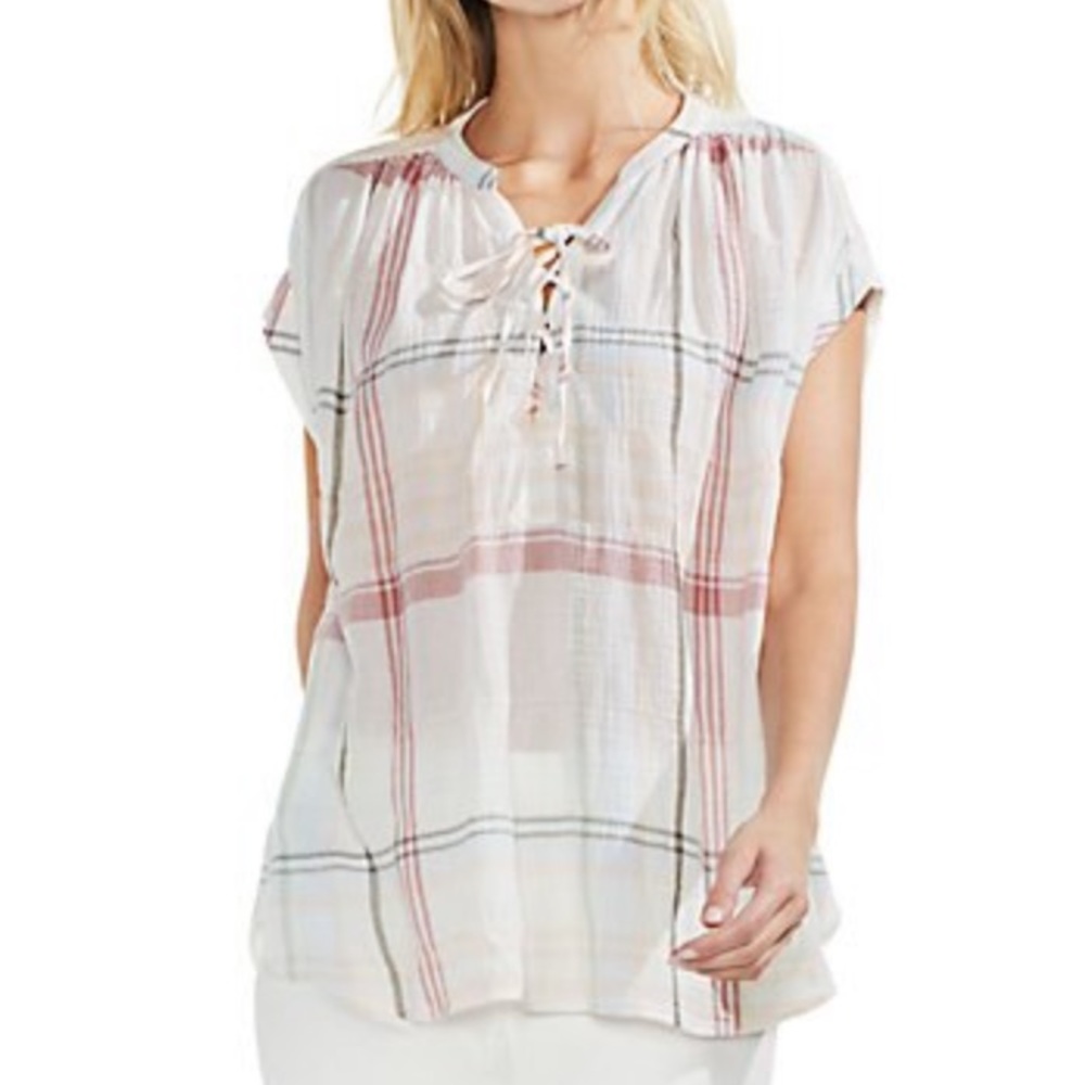 Vince Camuto Extended Shoulder lace-up plaid tee